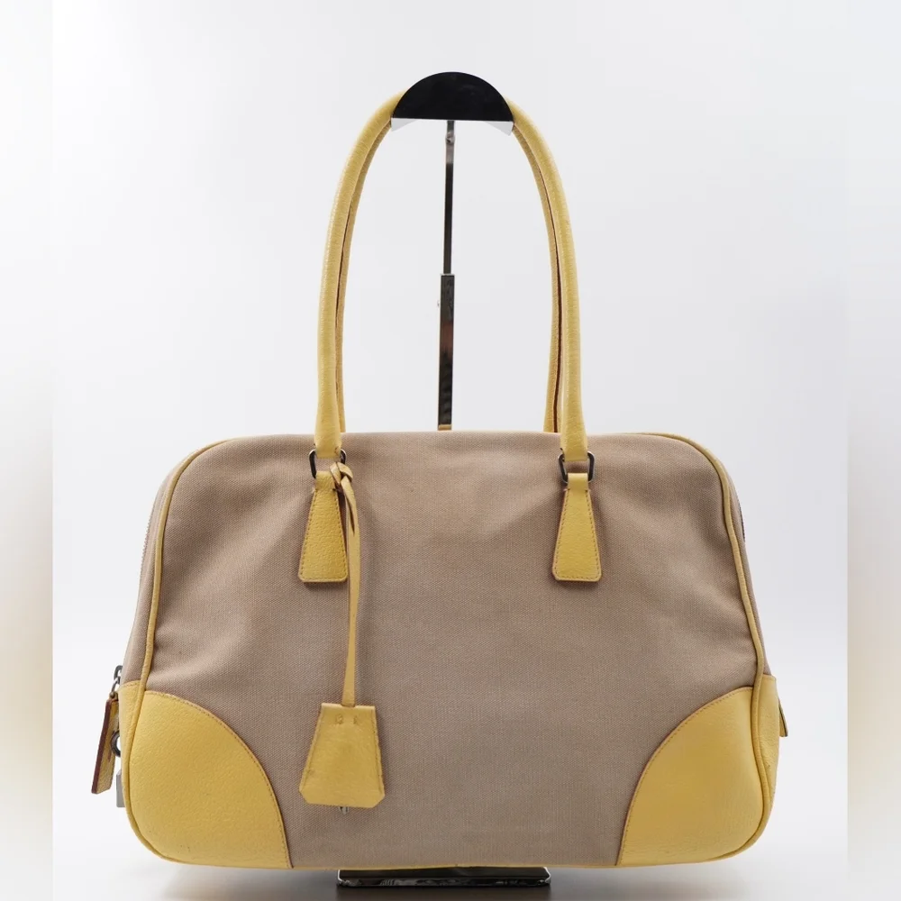 D26❤️Prada Beige/Yellow Canvas and Leather Tote
